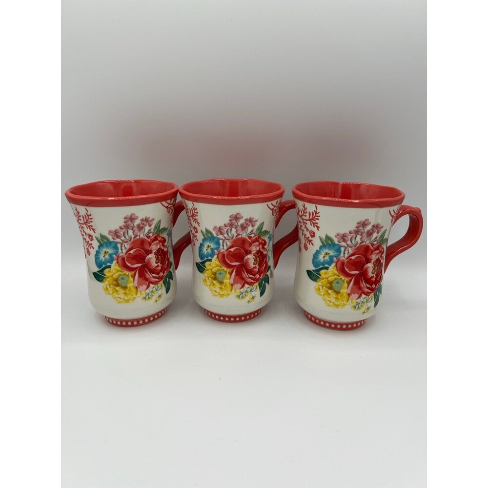 NEW Set of 3 The Pioneer Woman Fancy Flourish 18oz Stoneware Coffee Mugs Floral